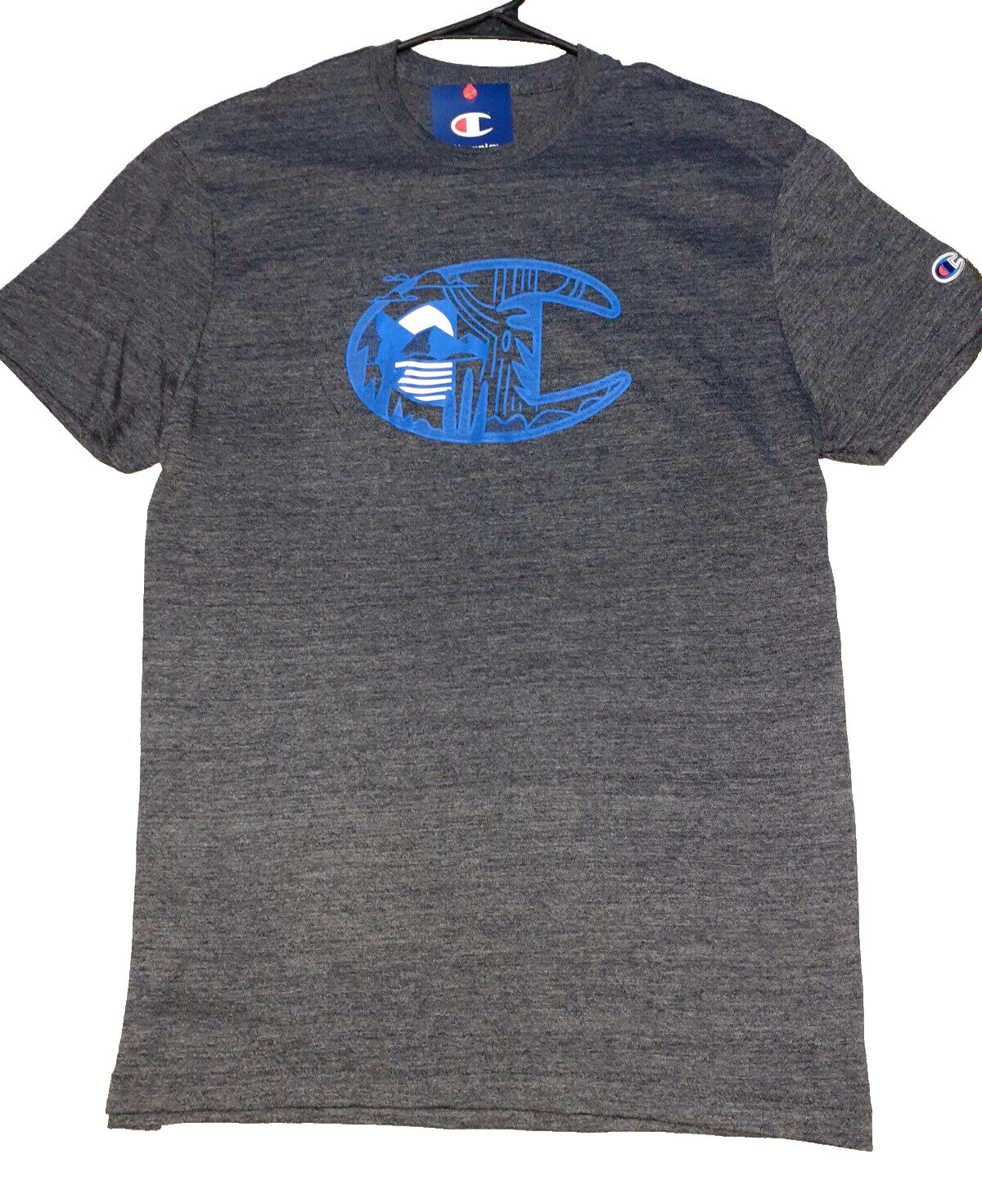 Champion Brand Mens T-Shirt M Medium Gray Blue Graphic Art Logo Short Sleeve NWT