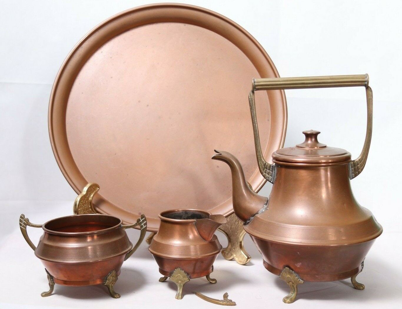 Vintage Copper Tea Service Set With Tray Hand Crafted 