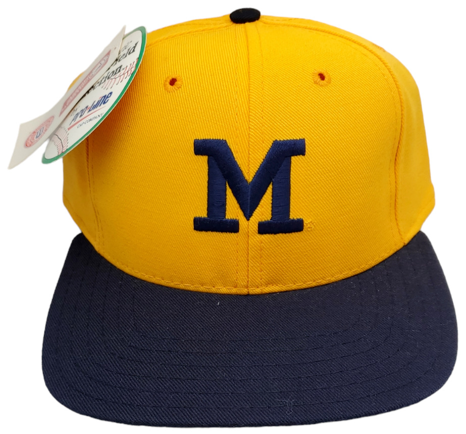 Vintage Michigan Wolverines Pro-line Fitted Hat Flat Bill On Field Gold/Navy