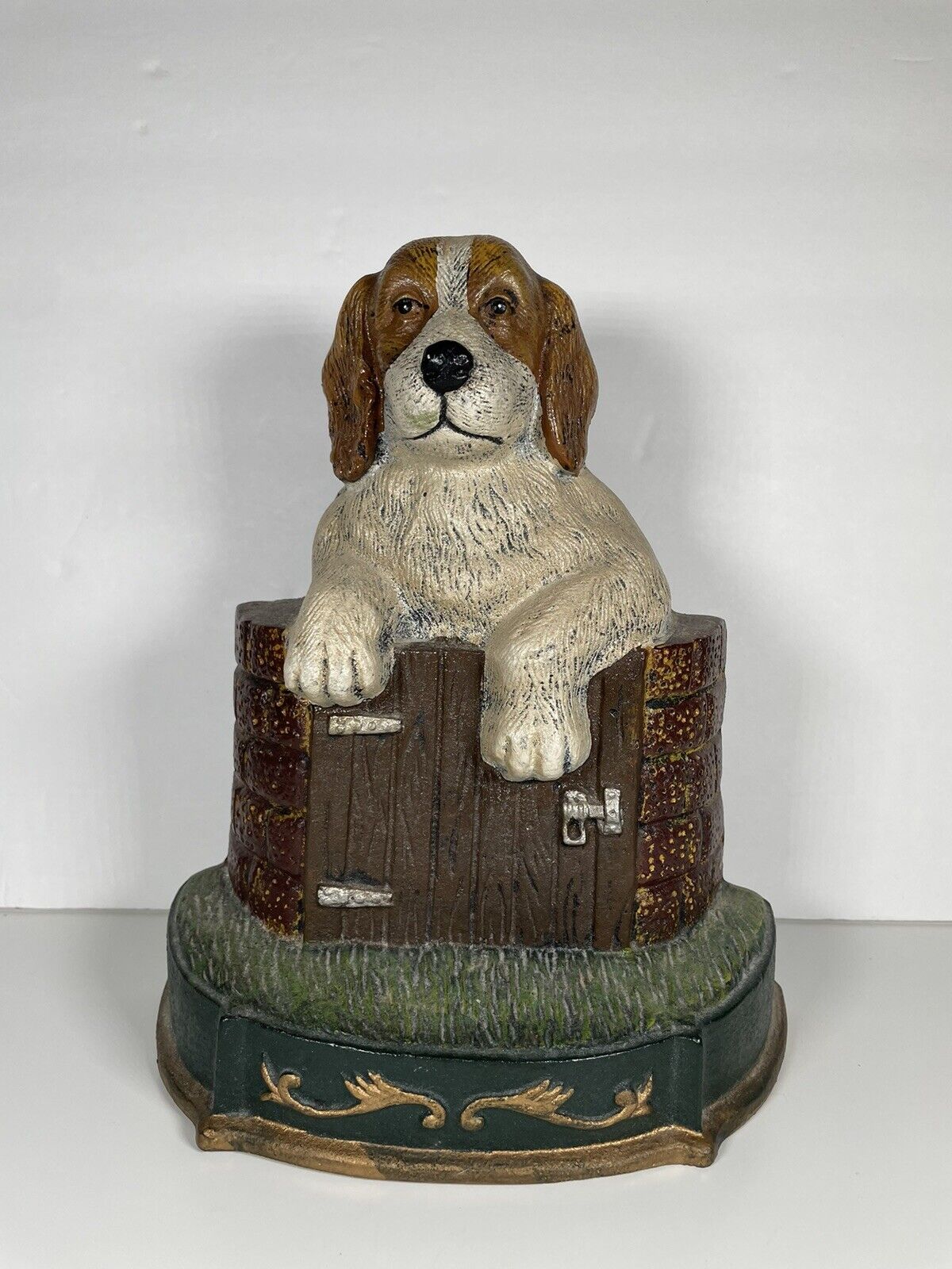 Vintage Painted Cast Iron Beagle Puppy on Gate Doorstop