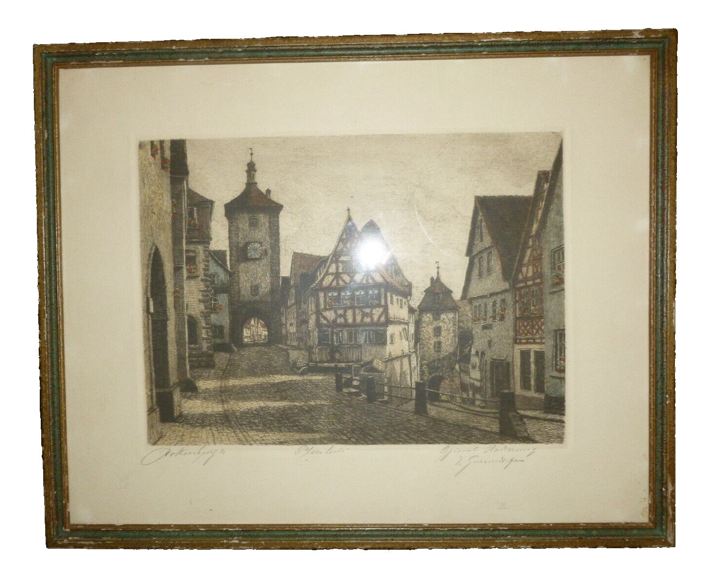 Antique HEINER KRASSER ART ROTHENBURG SIGNED HAND-COLORED ETCHING Original Frame