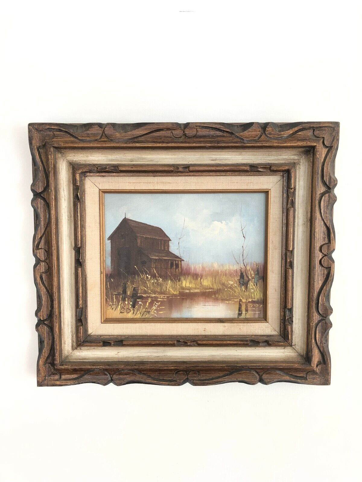Vintage J Medina Oil Painting Landscape with Barn