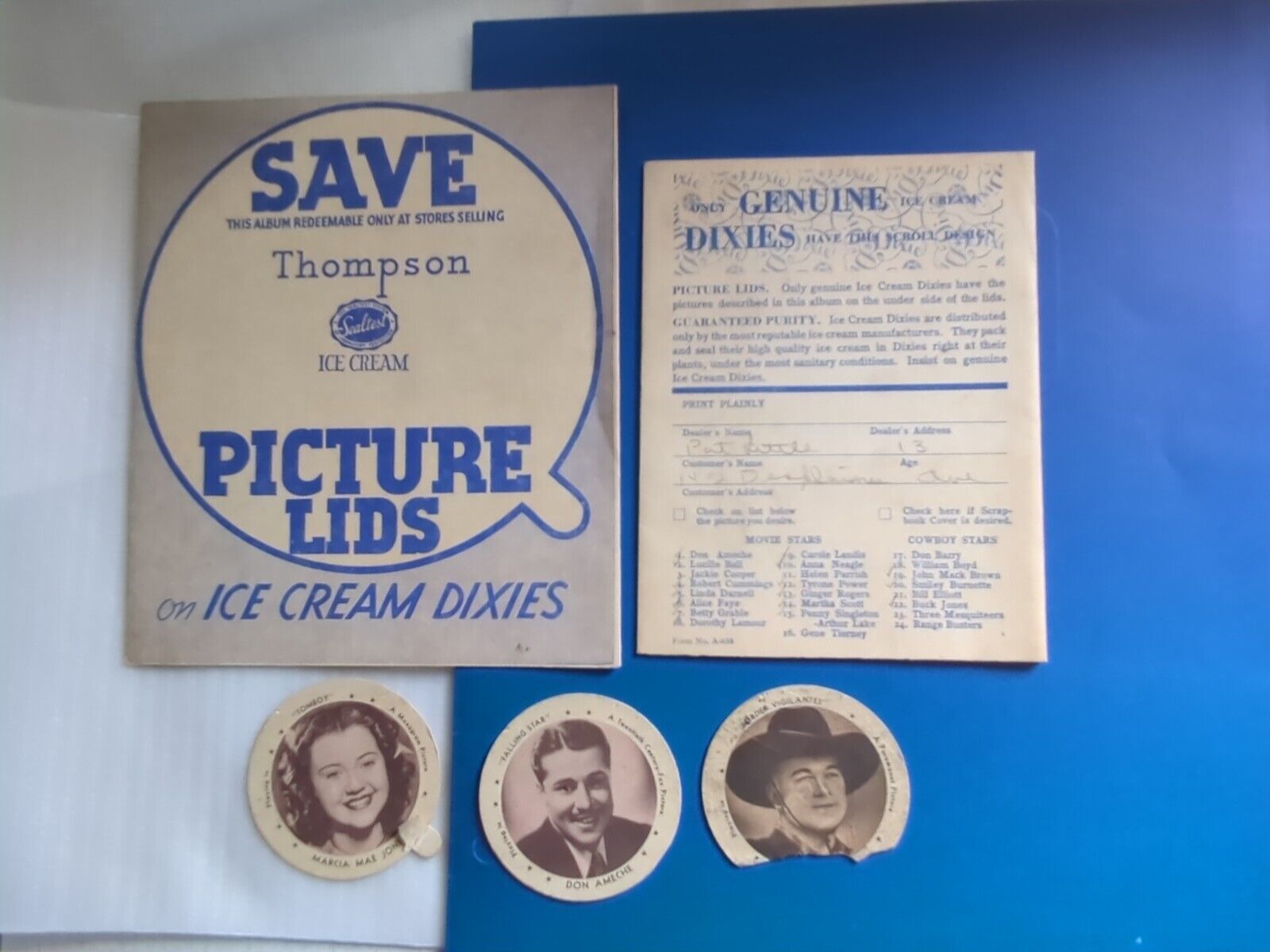 Vintage 1950's Thompson Ice cream Lids Paper Work & 3 Lids, HOPALONG CASSIDY &
