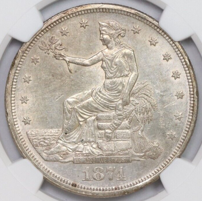 1874-CC NGC T$1 Silver Trade Dollar UNC (Cleaned) Carson City Mint -Tough Coin-