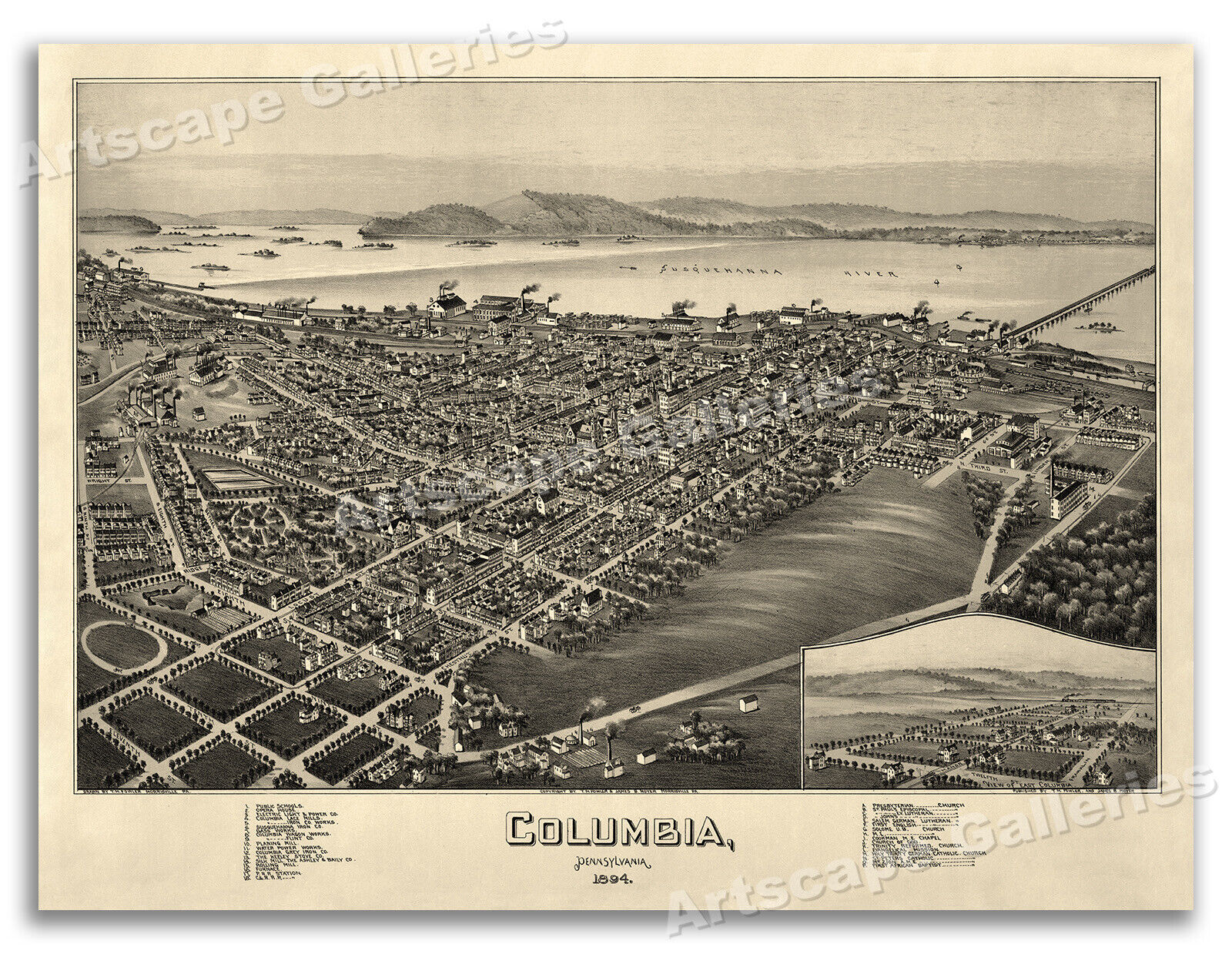 Bird\'s Eye View 1894 Columbia Pennsylvania Vintage Style City Map - 18x24