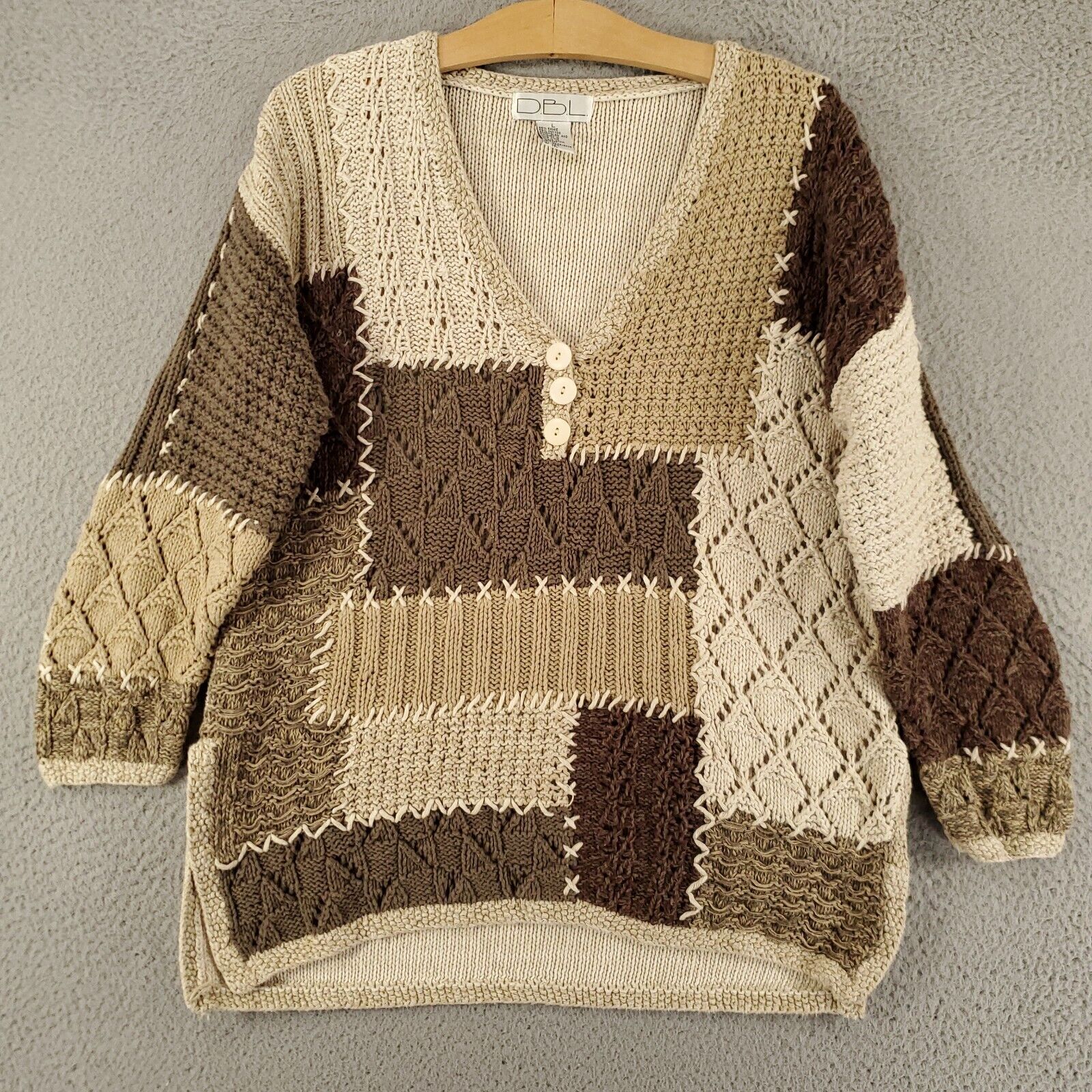 Vintage DBL Sweater Womens Large Patchwork Mixed Knit Neutrals Ramie Crochet