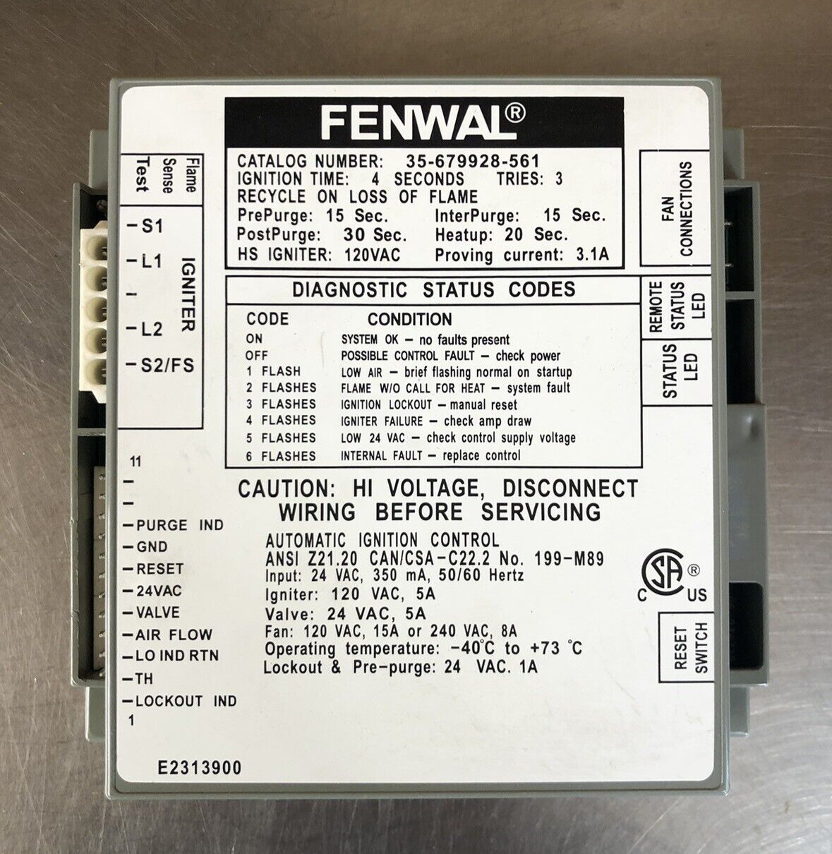 Fenwal Ignition Controller 35-679928-561 Tries 3