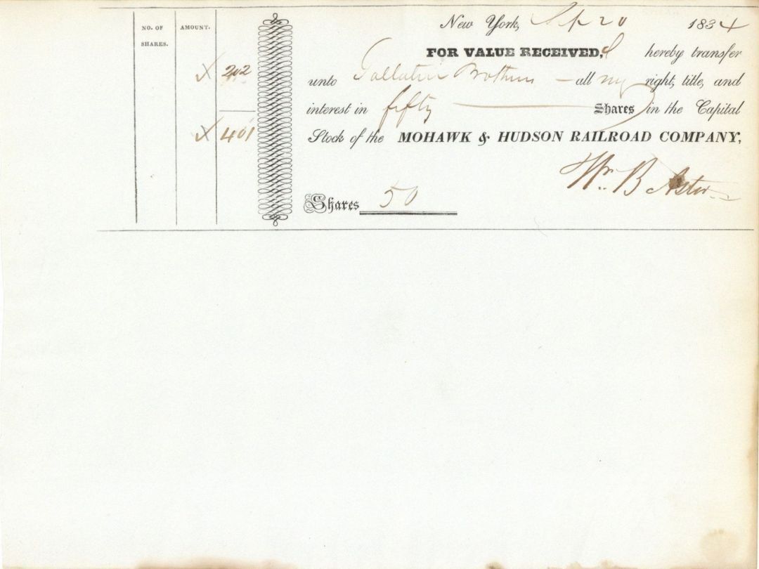 Mohawk and Hudson Railroad Co. Transferred to Gallatin Brothers and Signed by Wm