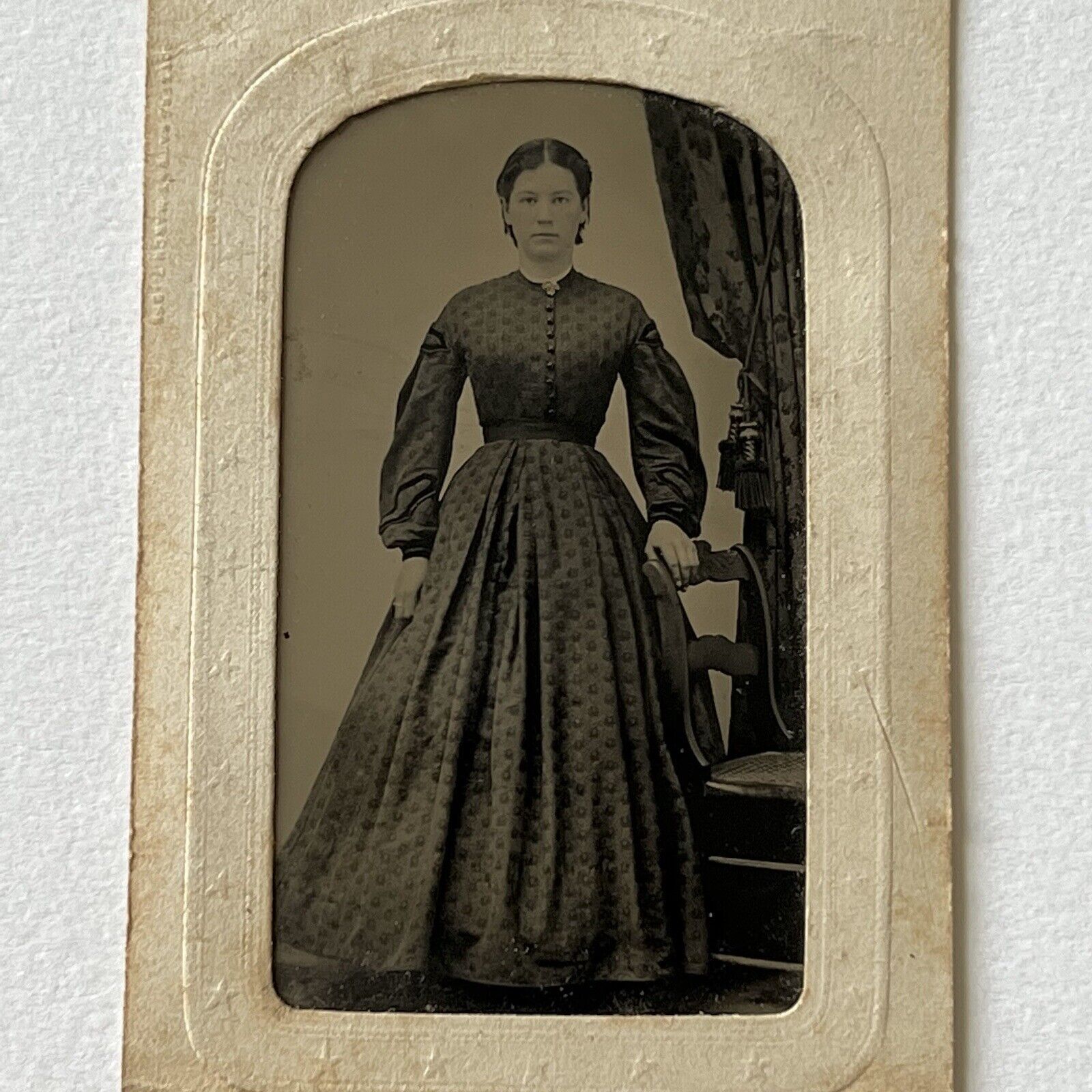 Antique Tintype Photograph Beautiful Fashionable Young Woman Polka Dot Dress