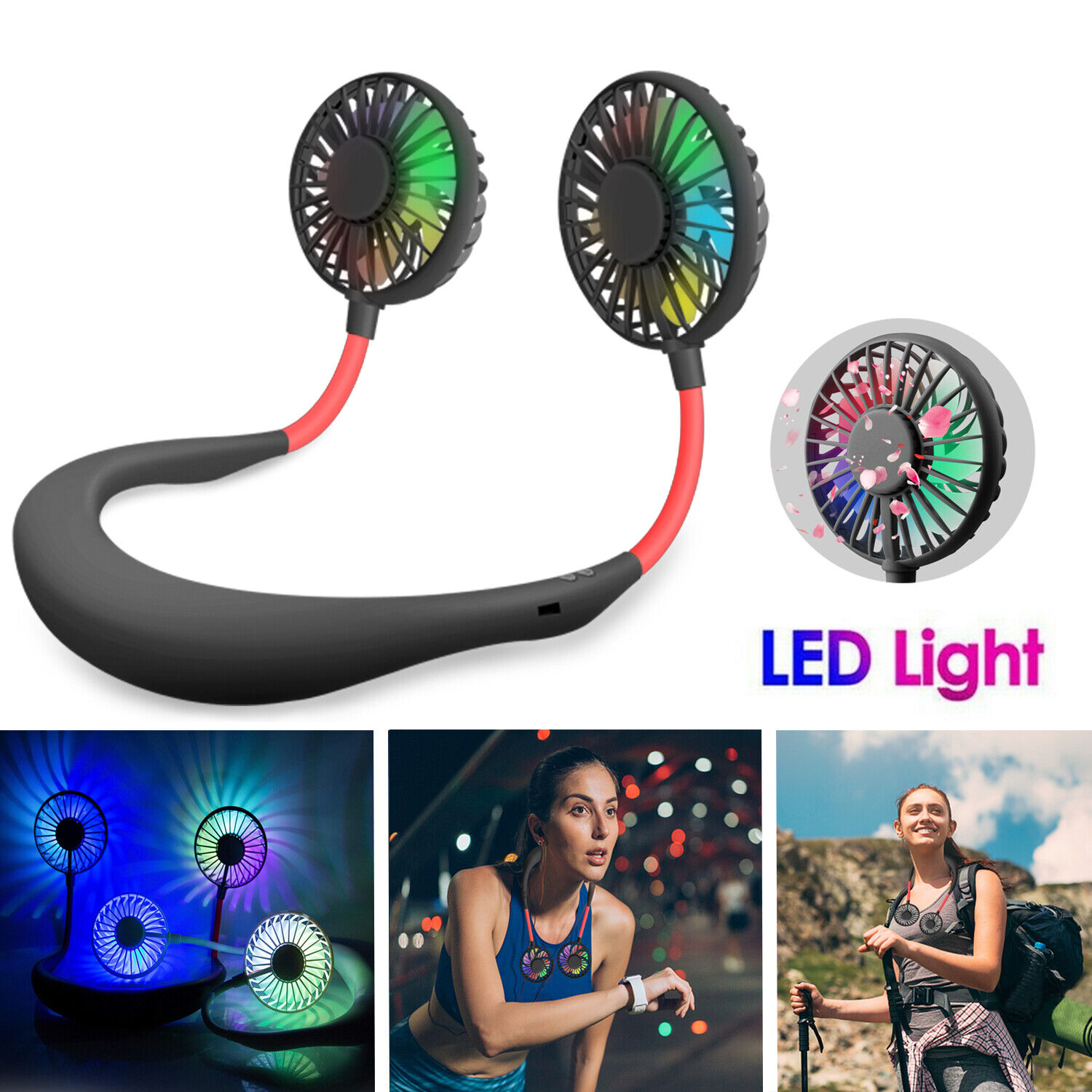 Portable USB Rechargeable LED Lazy Fan Hanging Neck Mini Cooling Sports Rest Fan
