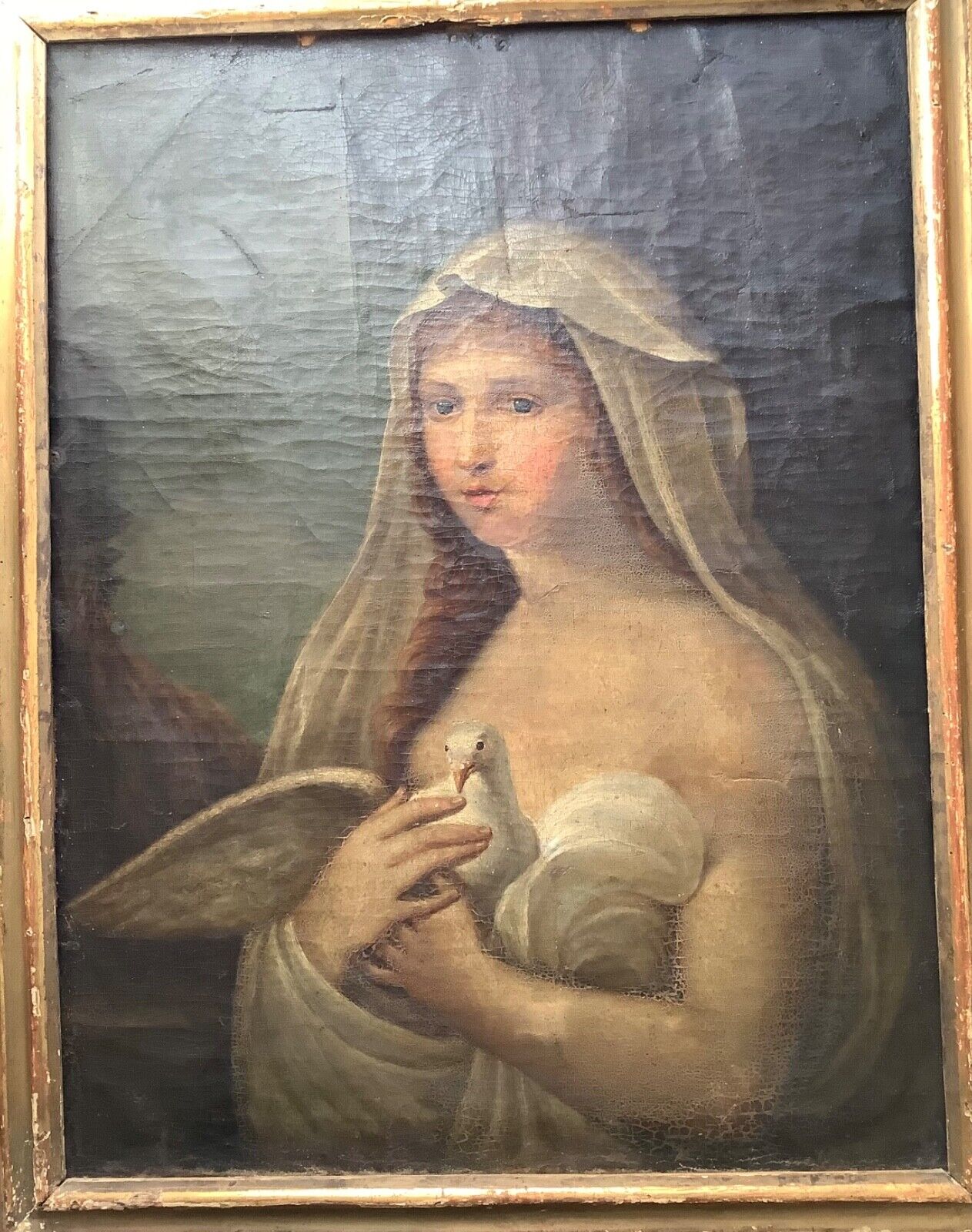 18th Century Portrait Vestal Virgin Holding Dove VIEN Oil Antique painting