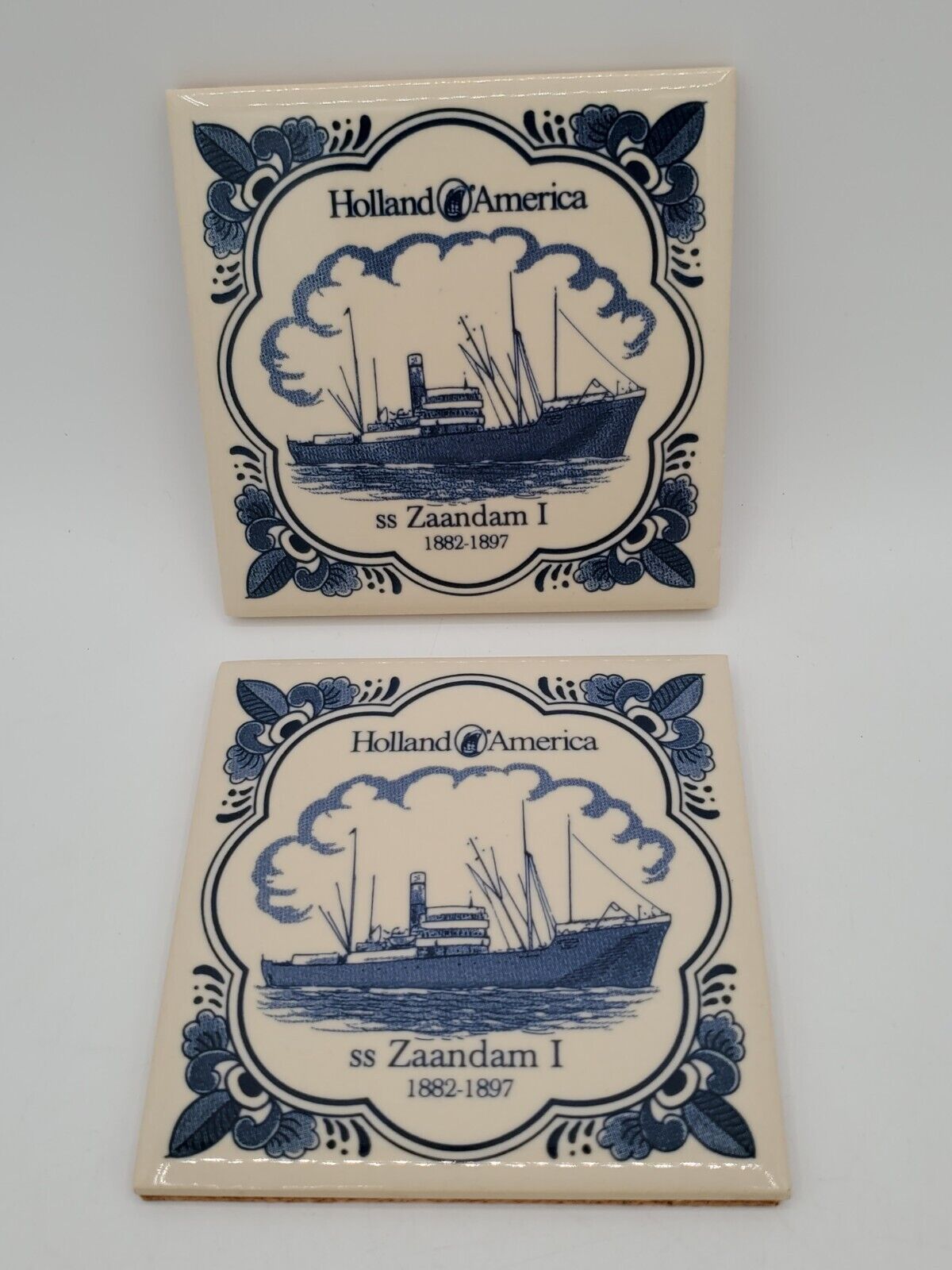 Holland-America Line SS Zaandam I 1882-1897 Blue Delft Ceramic Coaster Lot x 2