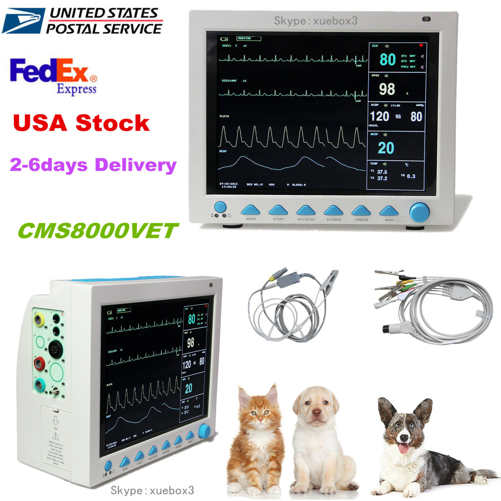 100% Warranty Vet Veterinary Vital Signs 6 Parameters Patient Monitor CMS8000 US
