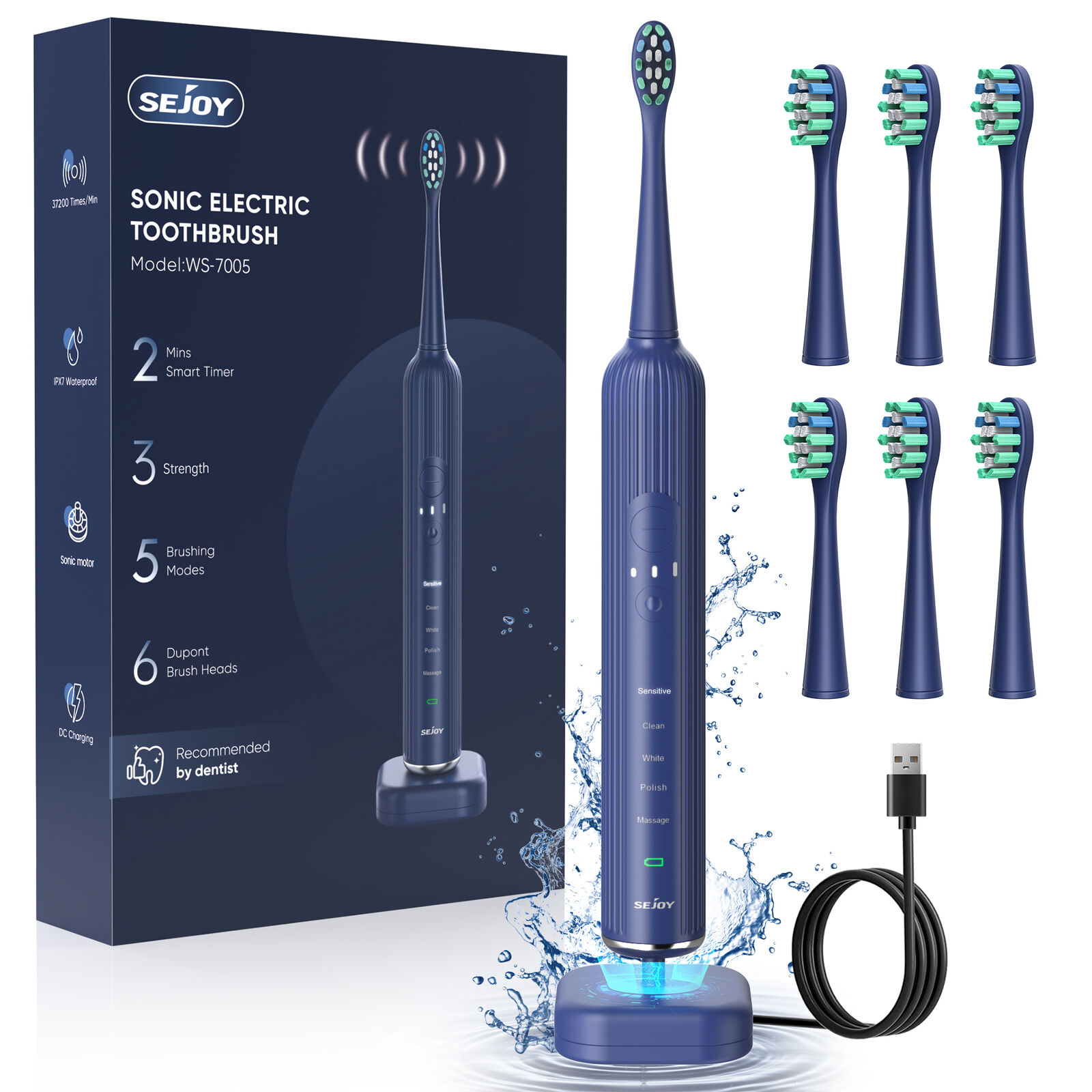 SEJOY Sonic Electric Toothbrush for Adults 5 Mode&3 Intensity Wireless Charging