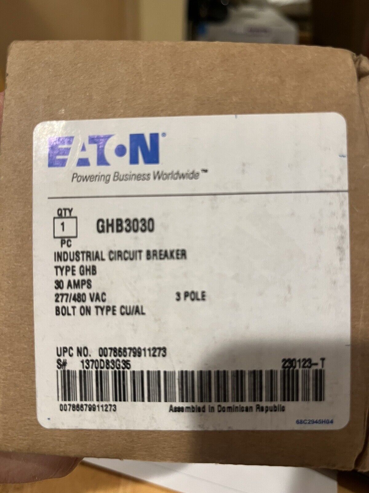 Eaton GHB3030 30 Amp 480/277V 3 Pole  Circuit Breaker.  Type GHB