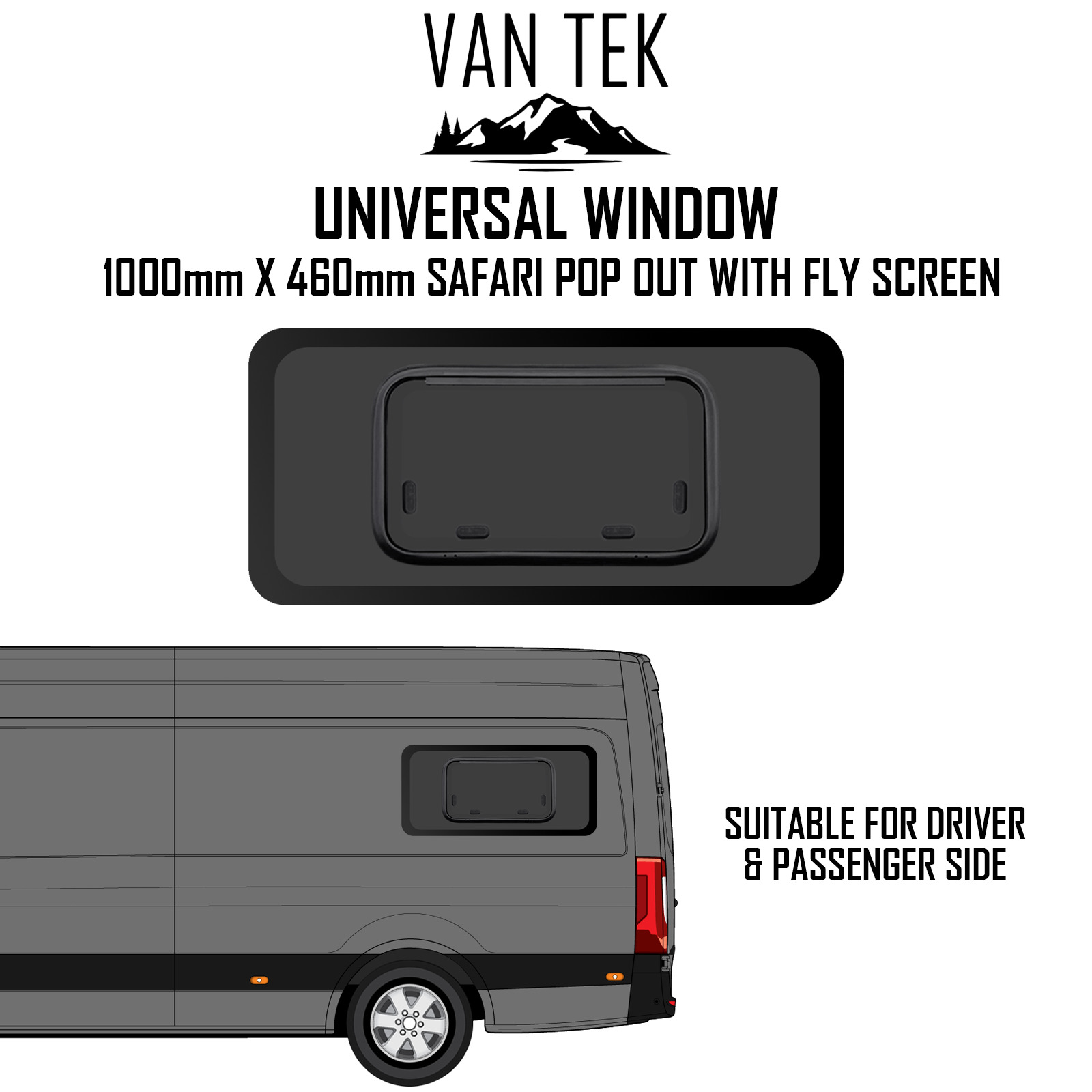 Universal SAFARI POP OUT Window 1000mm x 460mm WITH FLY SCREEN  Van Tek Glass
