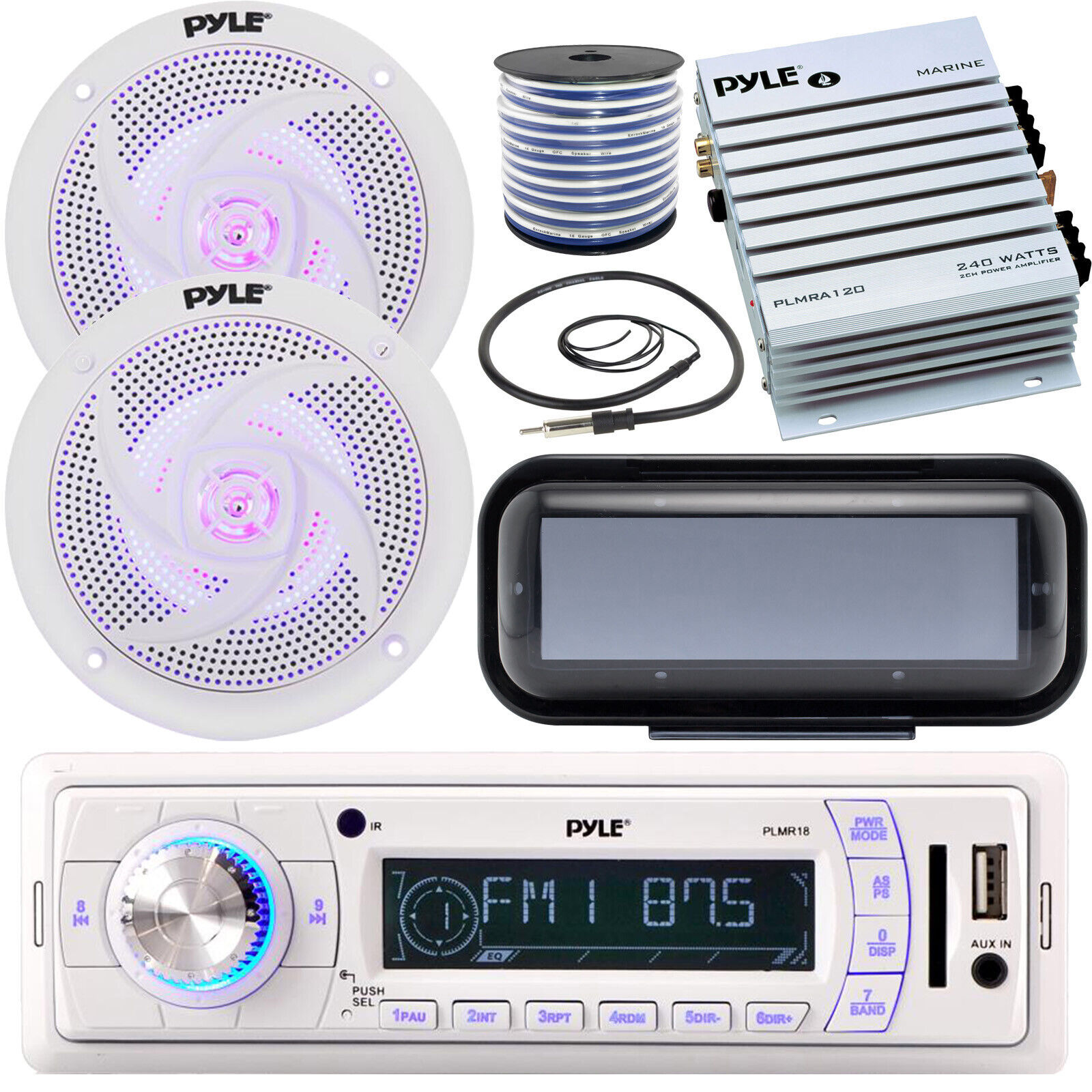 Pyle PLMR18 Receiver w/ Cover, 2x 4\'\' LED Speakers w/ Wire, Amplifier, Antenna