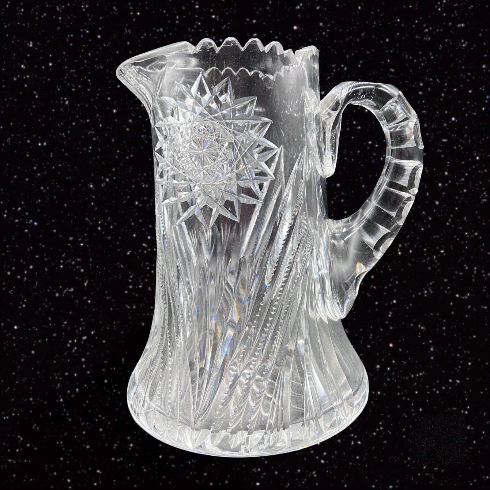 VINTAGE AMERICAN BRILLIANT BEADED CRYSTAL PITCHER CARAFE ART GLASS 8”t 6.5”w
