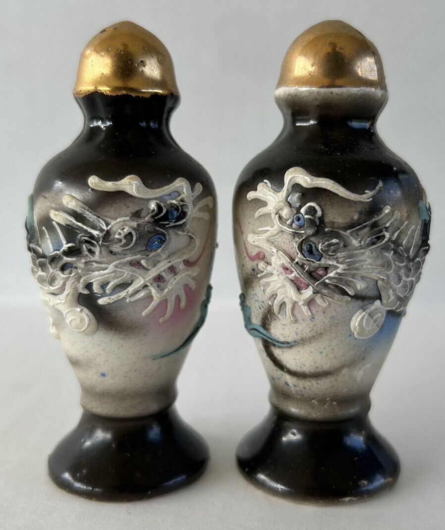 Vintage Dragonware Salt & Pepper Shakers Hand Painted Moriage Mid Century Japan