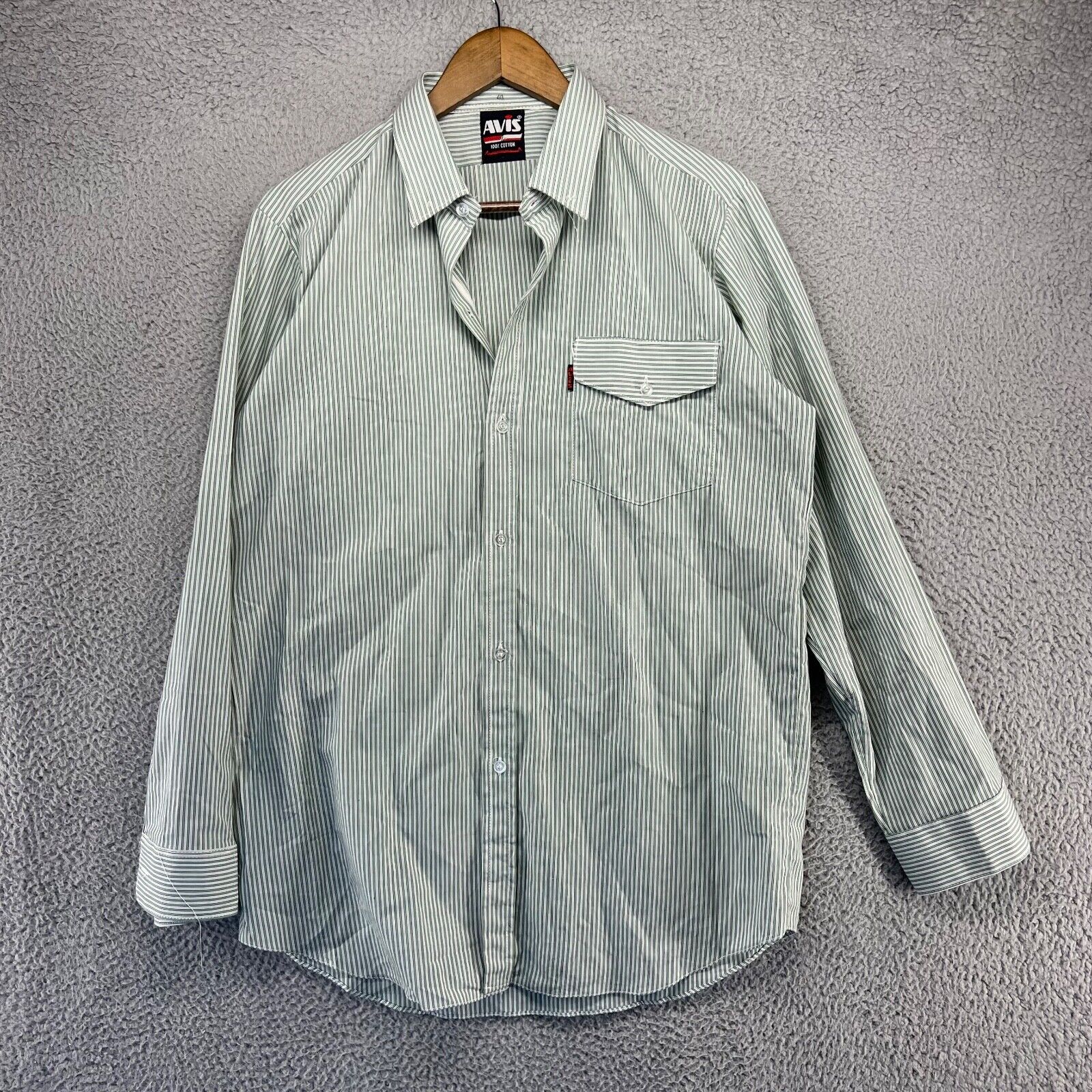 Vintage Avis Shirt Men\'s 40 Medium Green White Striped Rockabilly Pocket 70s 80s