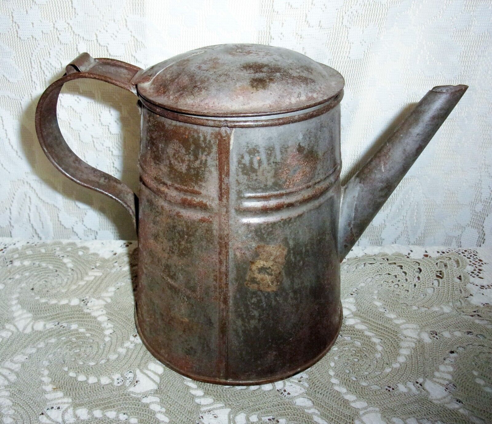 1870\'s Kreamer Tin Primitive 6.5 Inch Handled Coffee Pot with Lid