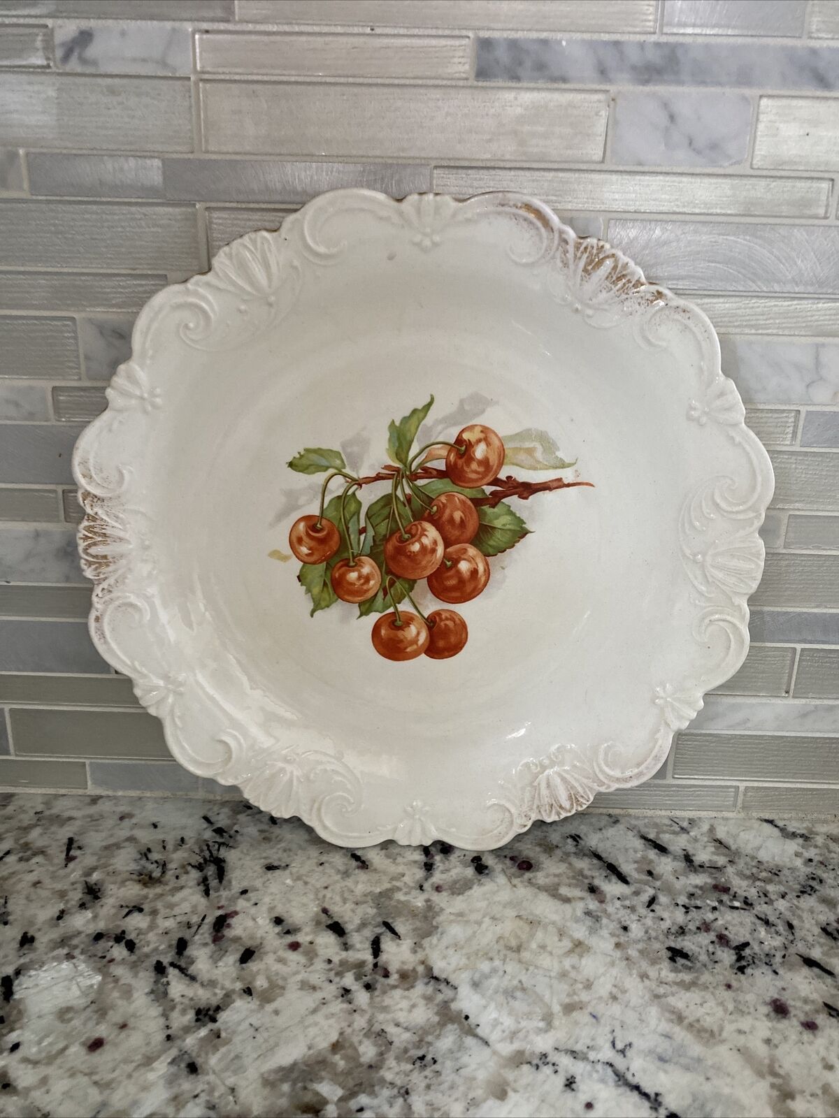 Beautiful Gold Rimmed Dresden Plate With Cherry Fruit Motif