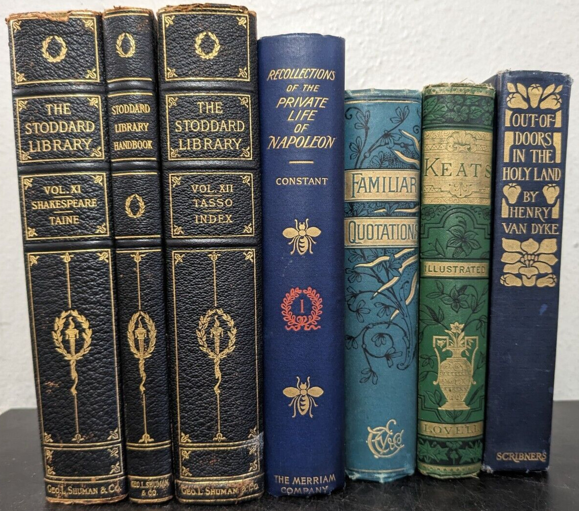7 Lot Antique Vintage Hardcover Ornate Books Shelf Home Decor Prop Set Staging