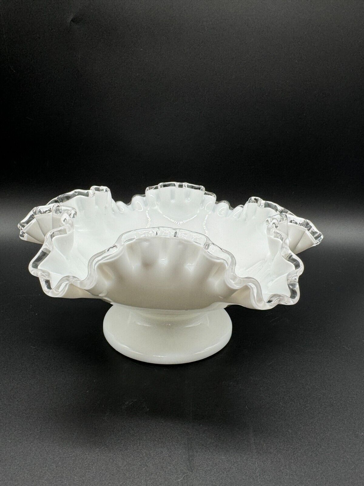 Vintage Fenton Silver Crest Ruffled Edge Candy Bowl Dish Milk Glass on Pedestal