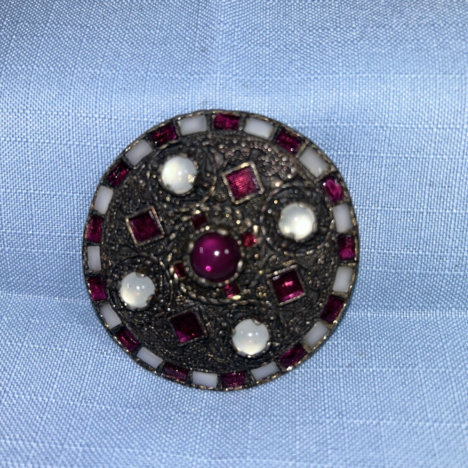 Vintage Signed Miracle brooch Celtic Round Dome Purple Iridescent Fashion Pin