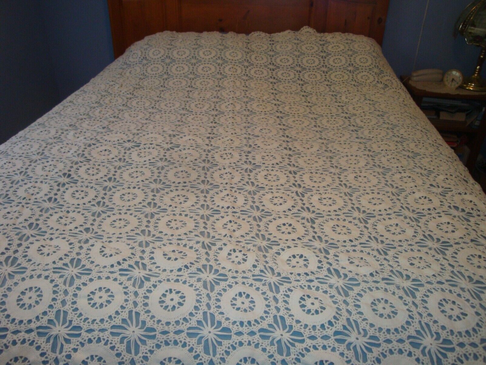 REDUCED Vintage 50's Hand Crocheted Bed Coverlet-Spread-84 X 96-White
