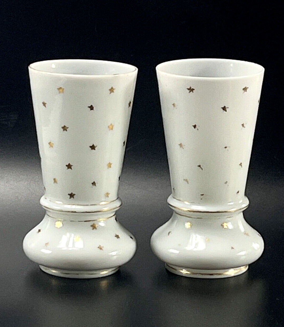 Vintage P V Portiex Vallerysthal White Opaline Vases Set of 2 Gold Stars 6.75\