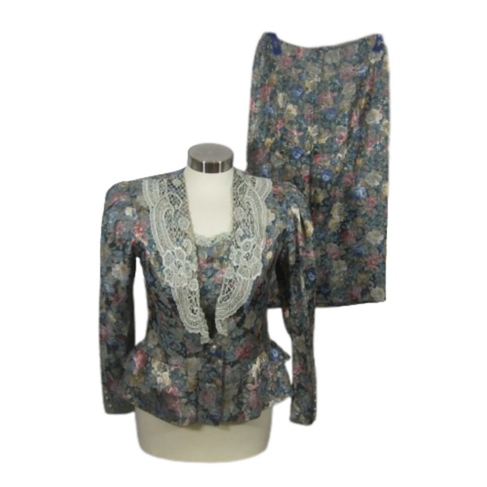 Francois Gerard Vintage women 2 piece suit 1980s sz 5/6 brocade floral w lace