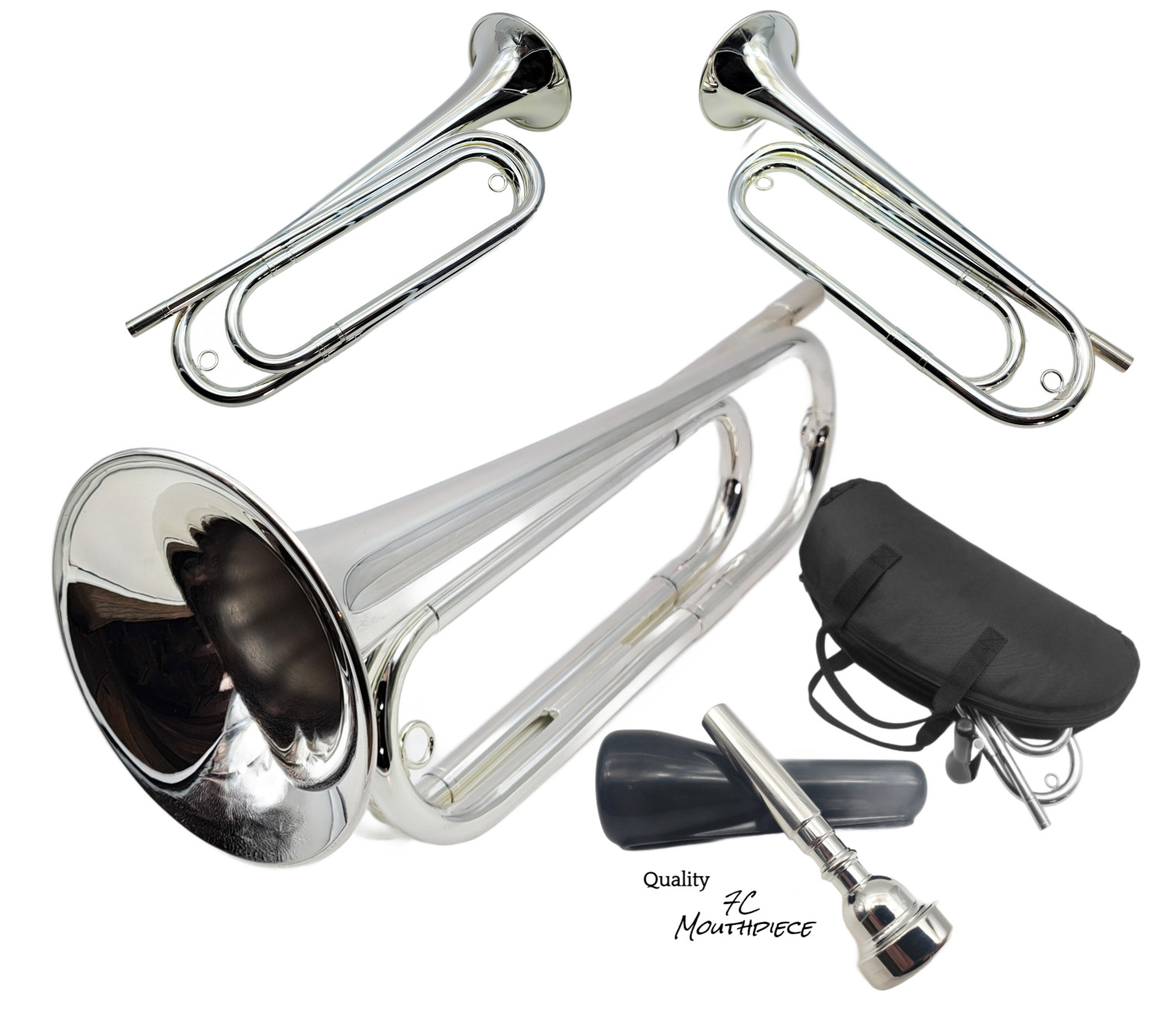 Regiment Bugle-SILVER-Key of G/F-Padded Case-Quality 7C Silver Plated Mouthpiece