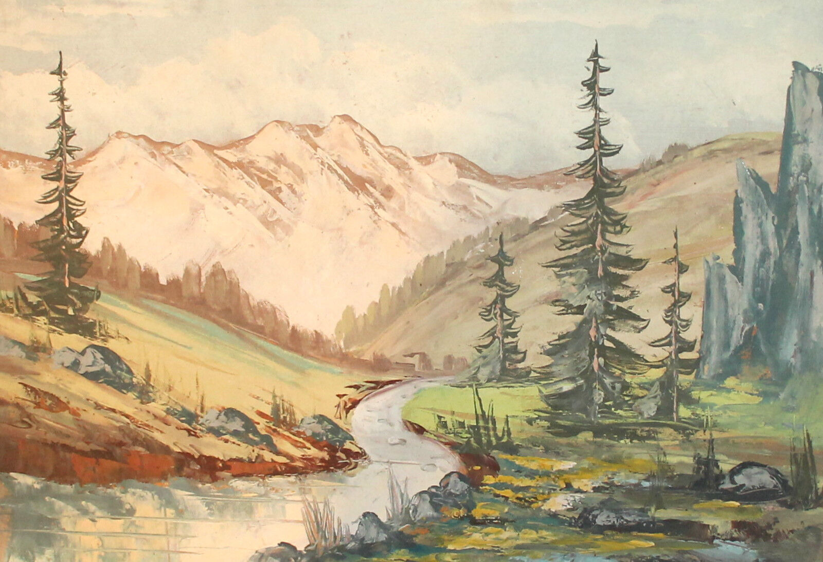Antique impressionist gouache painting mountain river landscape
