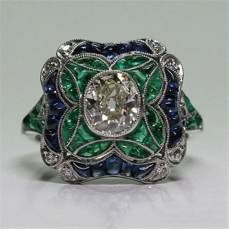 Art Deco Vintage Style Lab Created Diamond & Emerald Engagement 925 Silver Ring