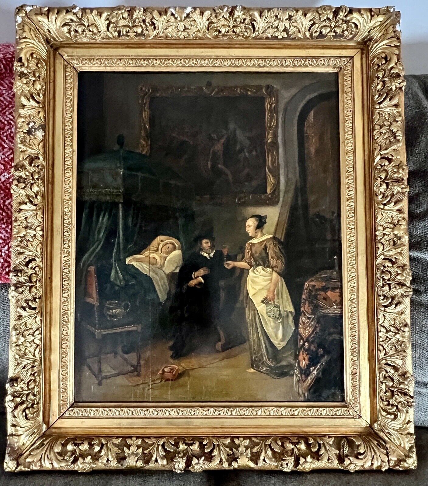 Antique 19th Century Dutch Oil Painting, Baroque Revival Style After Jan Steen