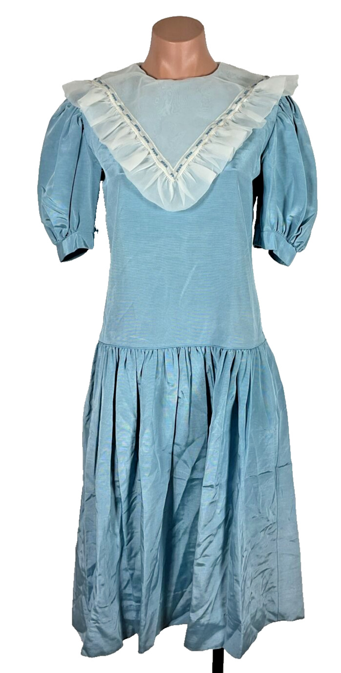 Vintage 80s Monday\'s Child Sz 14 Blue Lace Yolk Collar Formal Dress Flower Girl