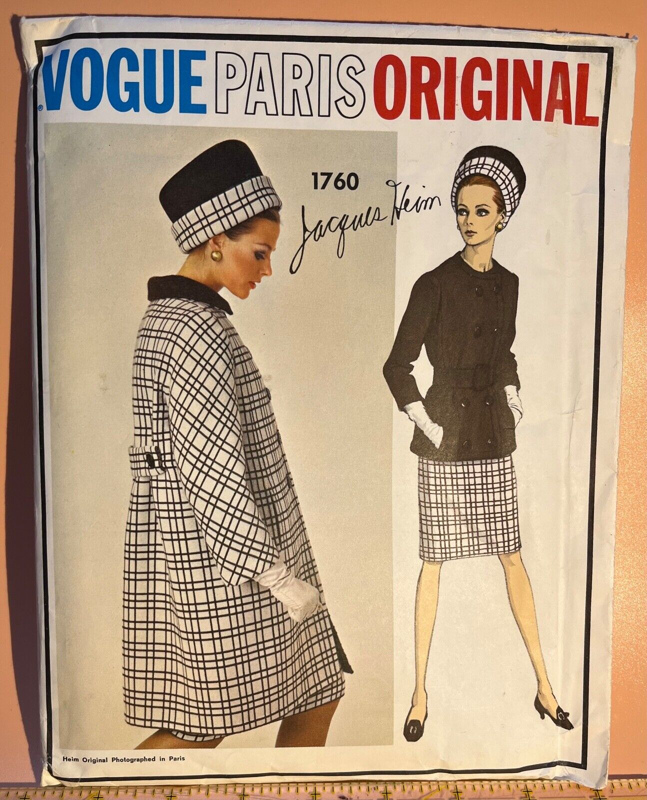 Rare 1967 Vtg VOGUE Paris Pattern #1760 JACQUES HEIM Suit & Coat Size 16 UC FF