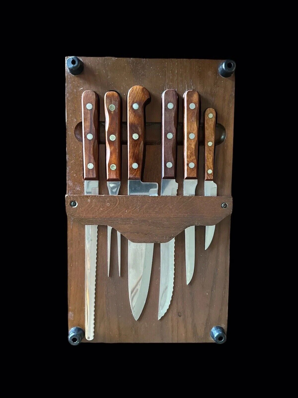 Vintage Slicette Cutlery &  Wood Cutting board Storage On Backside 6 Knives