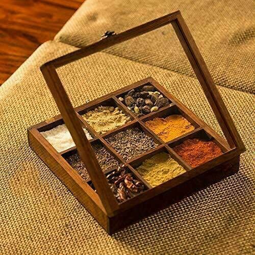Wooden Jars Kitchen Spice Box Storage Jewelry Kitchen Dry Fruit Rack Box w Spoon