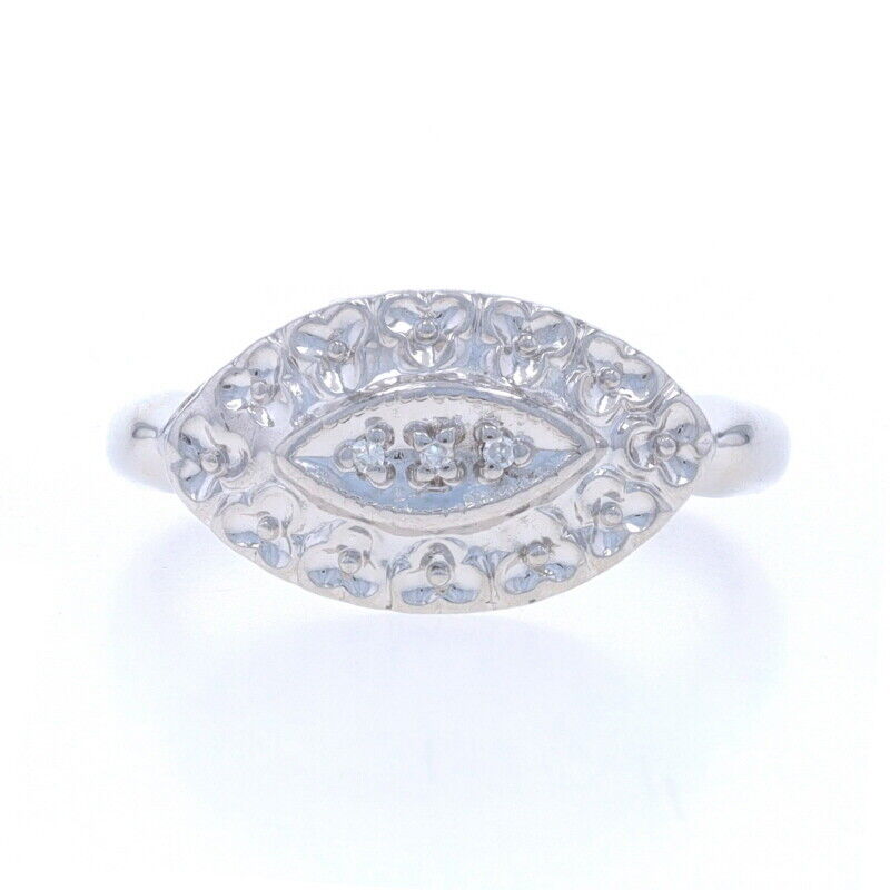 White Gold Diamond Vintage Ring - 10k Single Cut Floral Scallop Three-Stone