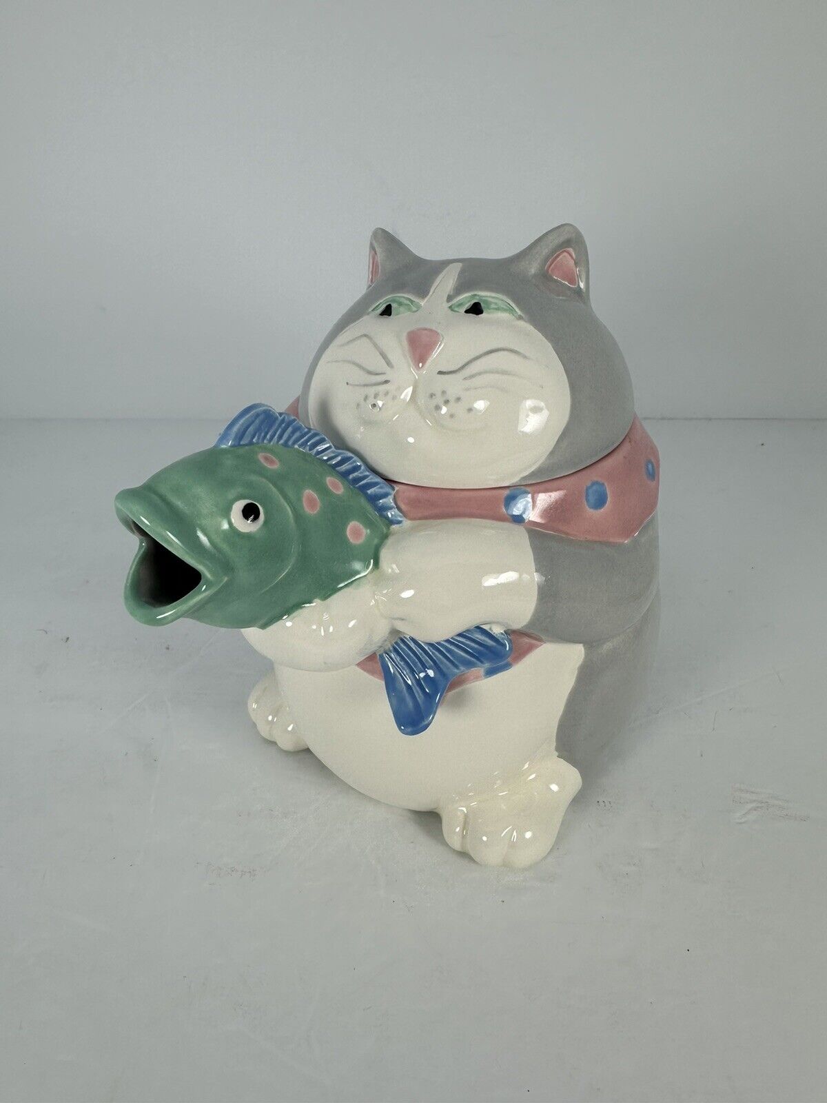 Vintage 1987 Fitz & Floyd Gray Cat with Fish Ceramic Teapot