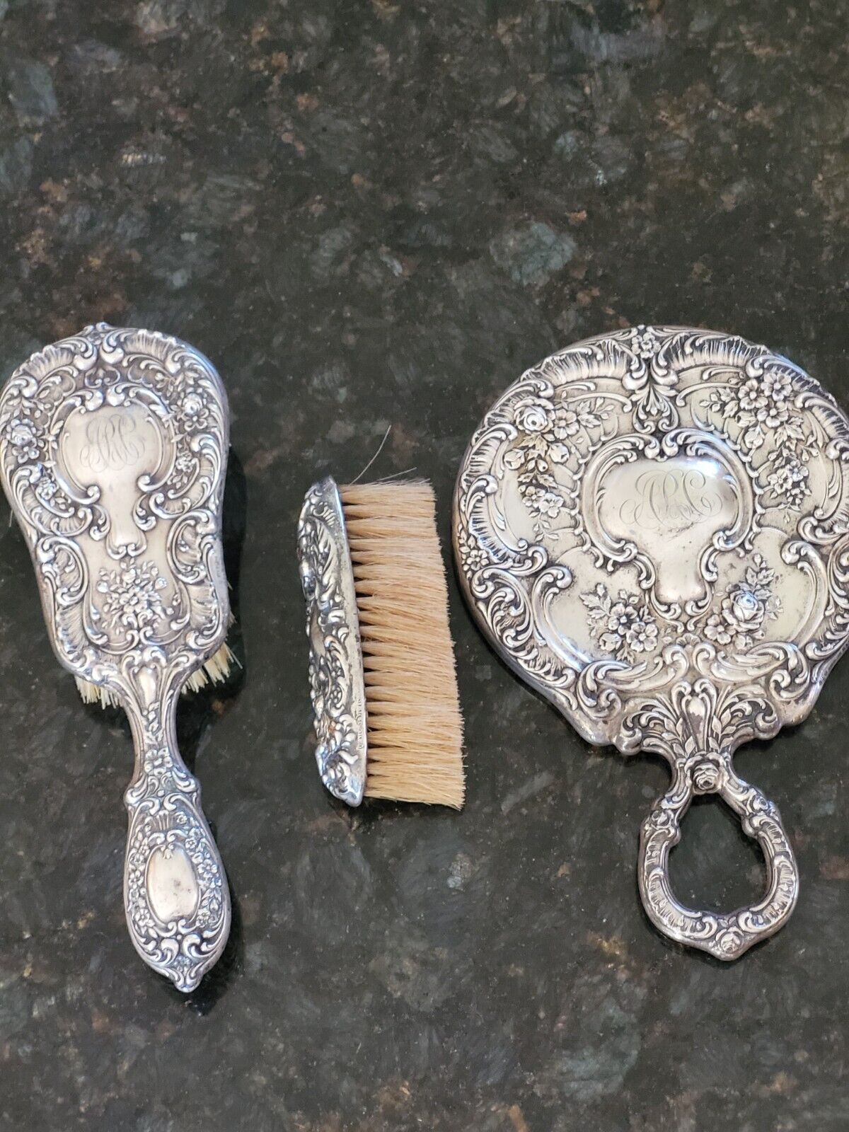 Antique Gorham Sterling Silver  Repousse Brush & Mirror Vanity Set 