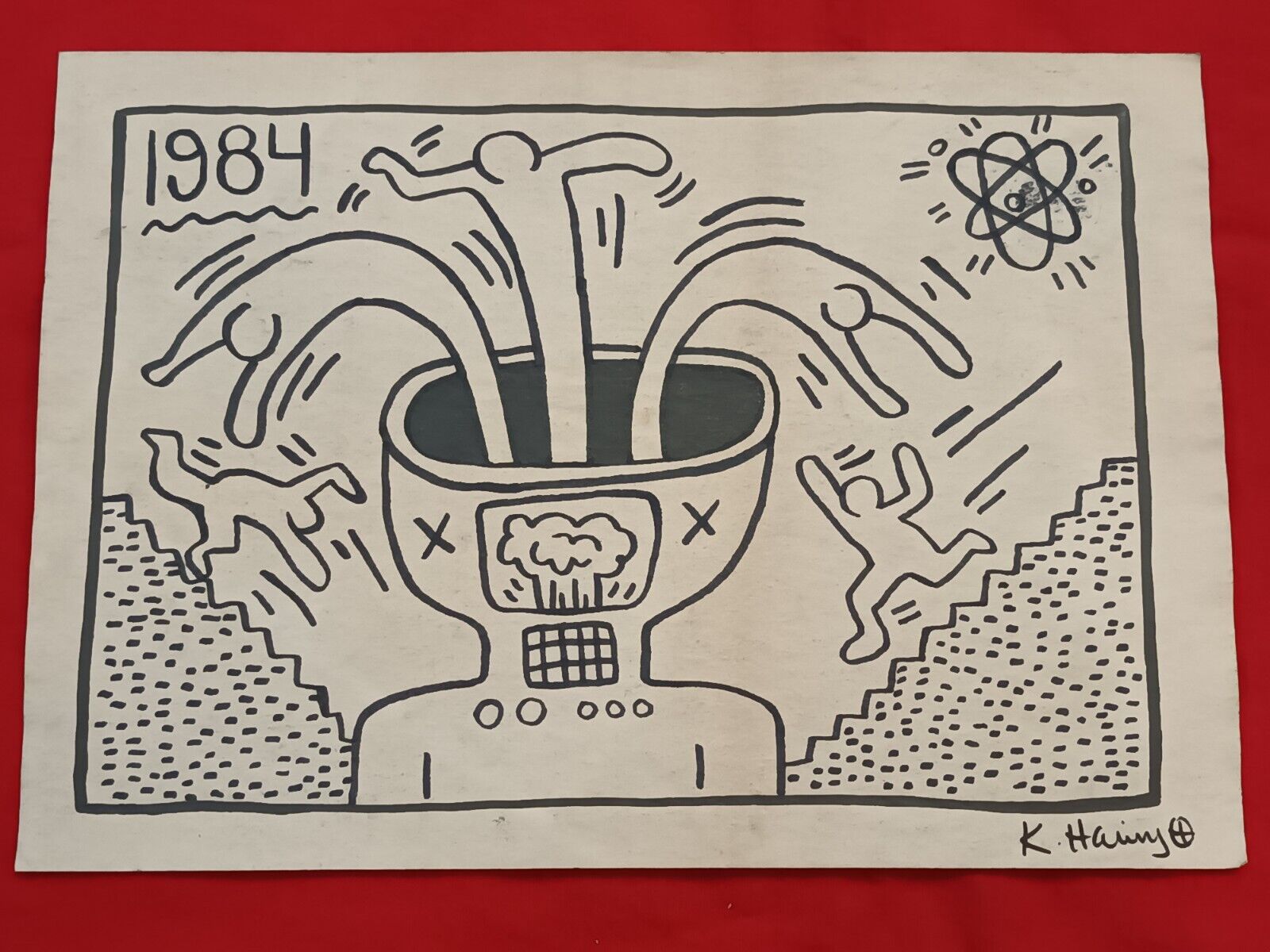 Keith Haring Drawing on paper (Handmade) signed and stamped mixed media.