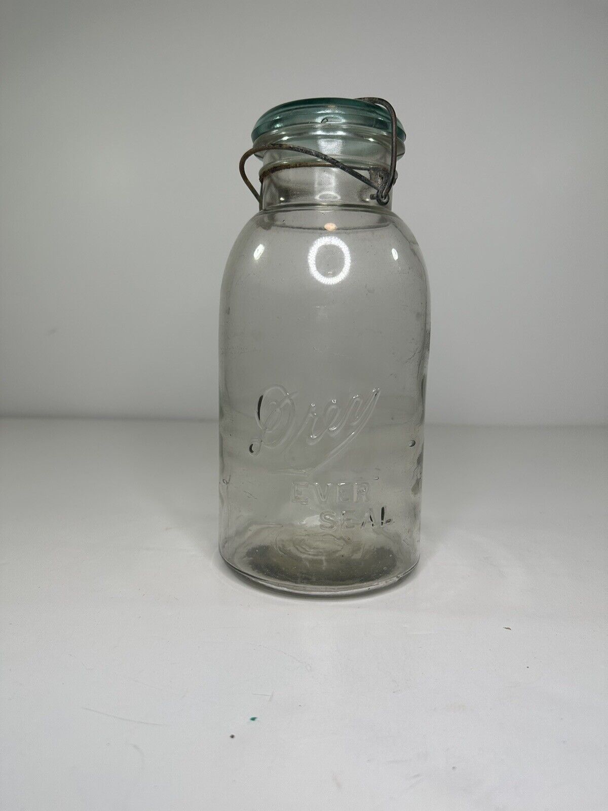 Vintage Drey Ever Seal clear glass jar half gallon wire bale Blue lid