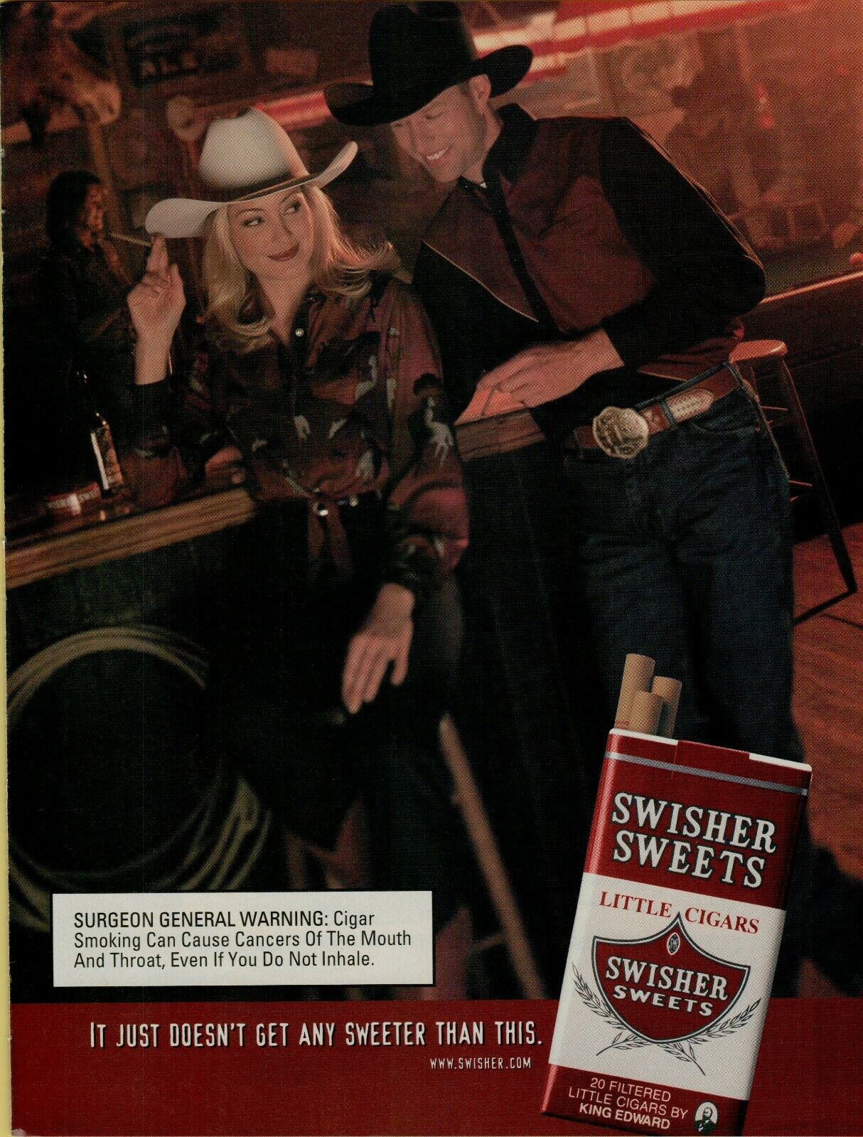 2001 Swisher Sweets Little Cigars Blonde Country Bar Cowgirl Vintage Print Ad