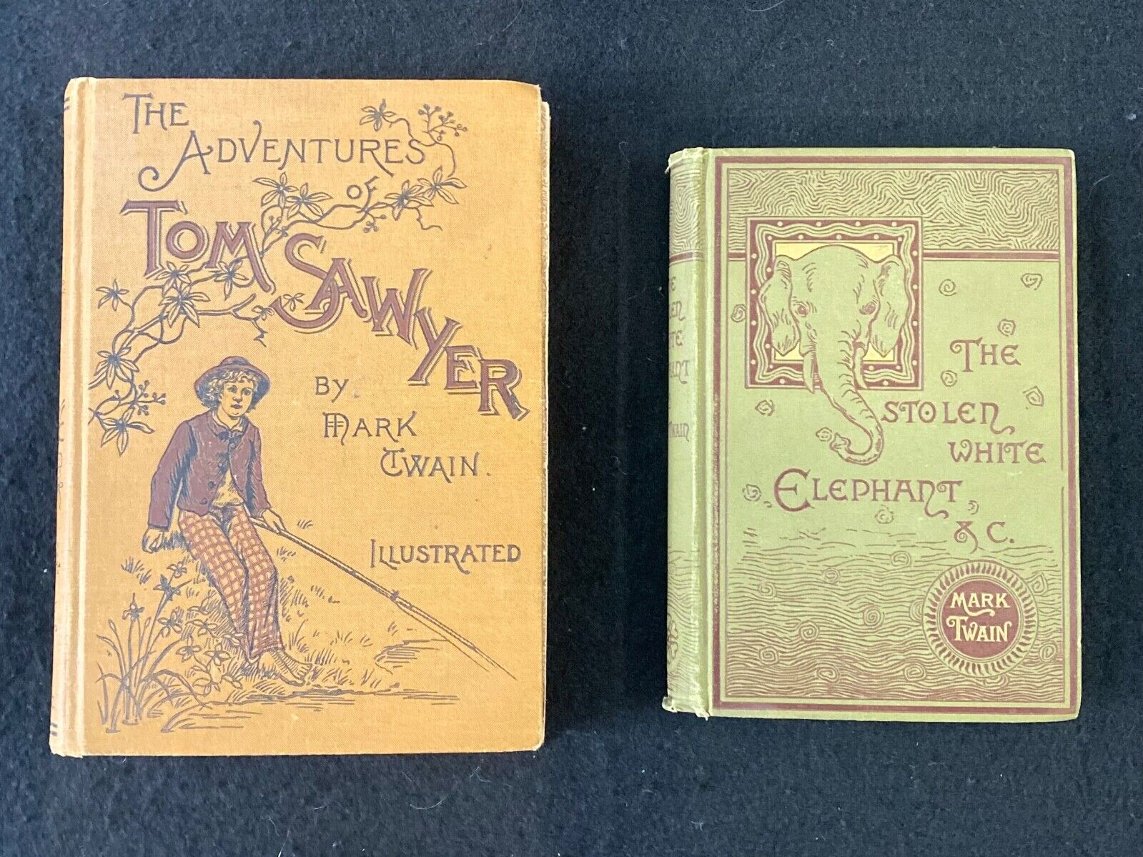 🔥 RARE Antique Old 19th c MARK TWAIN Books - Tom Sawyer & Stolen White Elephant