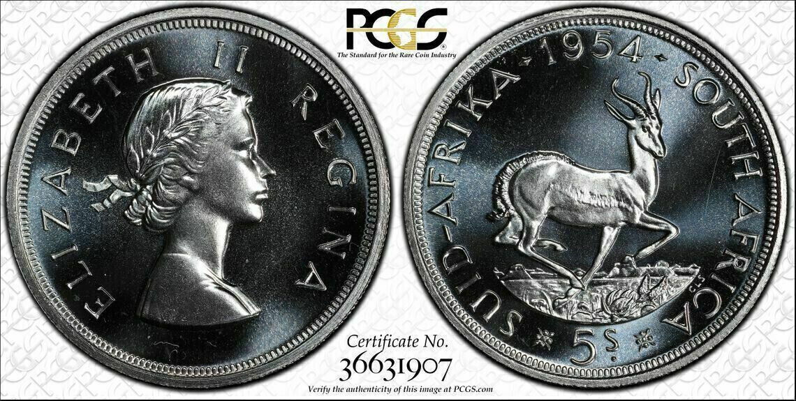 South Africa, 1954 Elizabeth II Five Shillings, 5 Shillings. PCGS PR 67. Crown.