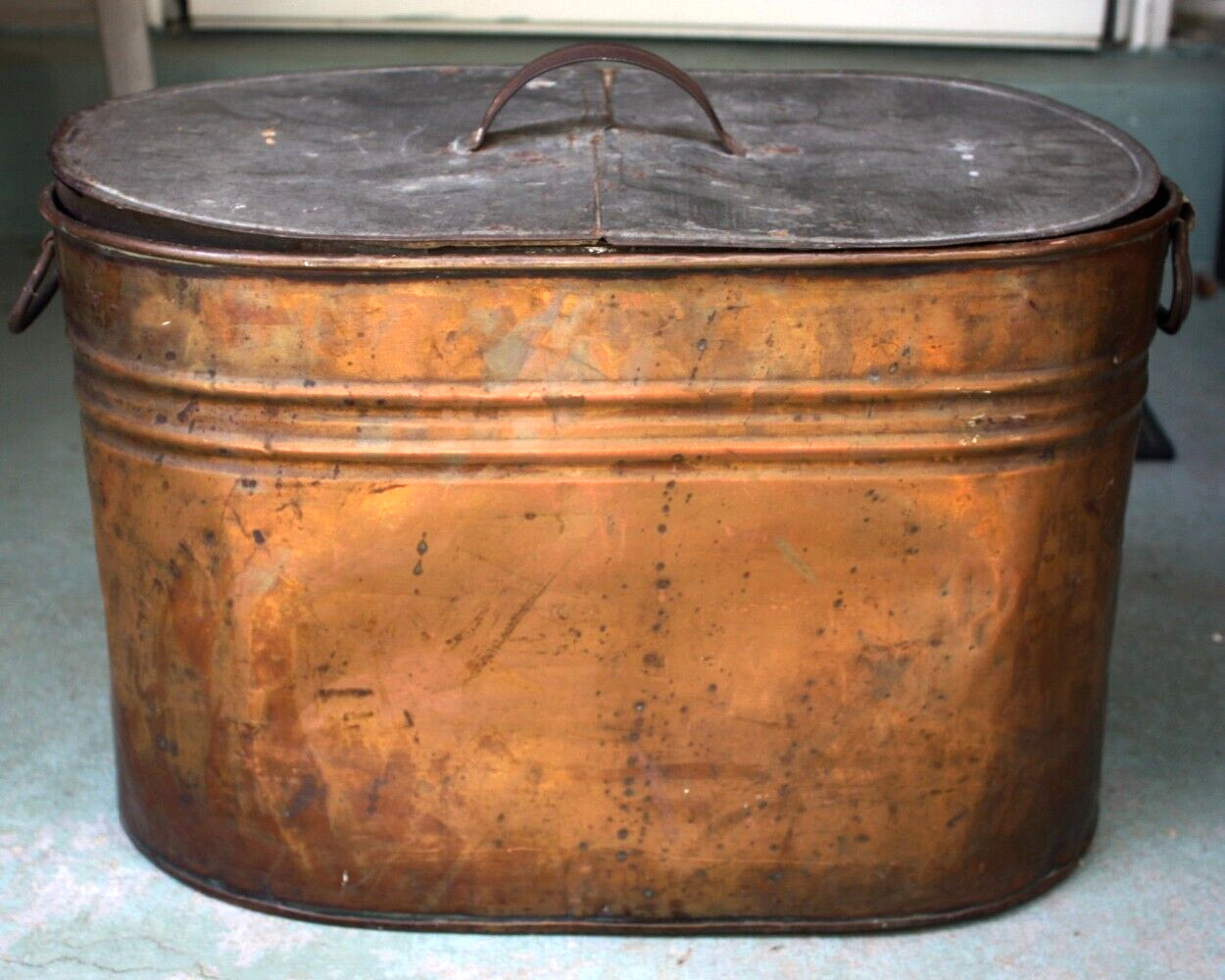 Large Antique Primitive c.1900 COPPER BOILER Tub RARE GLASS INSERT Iron Handles