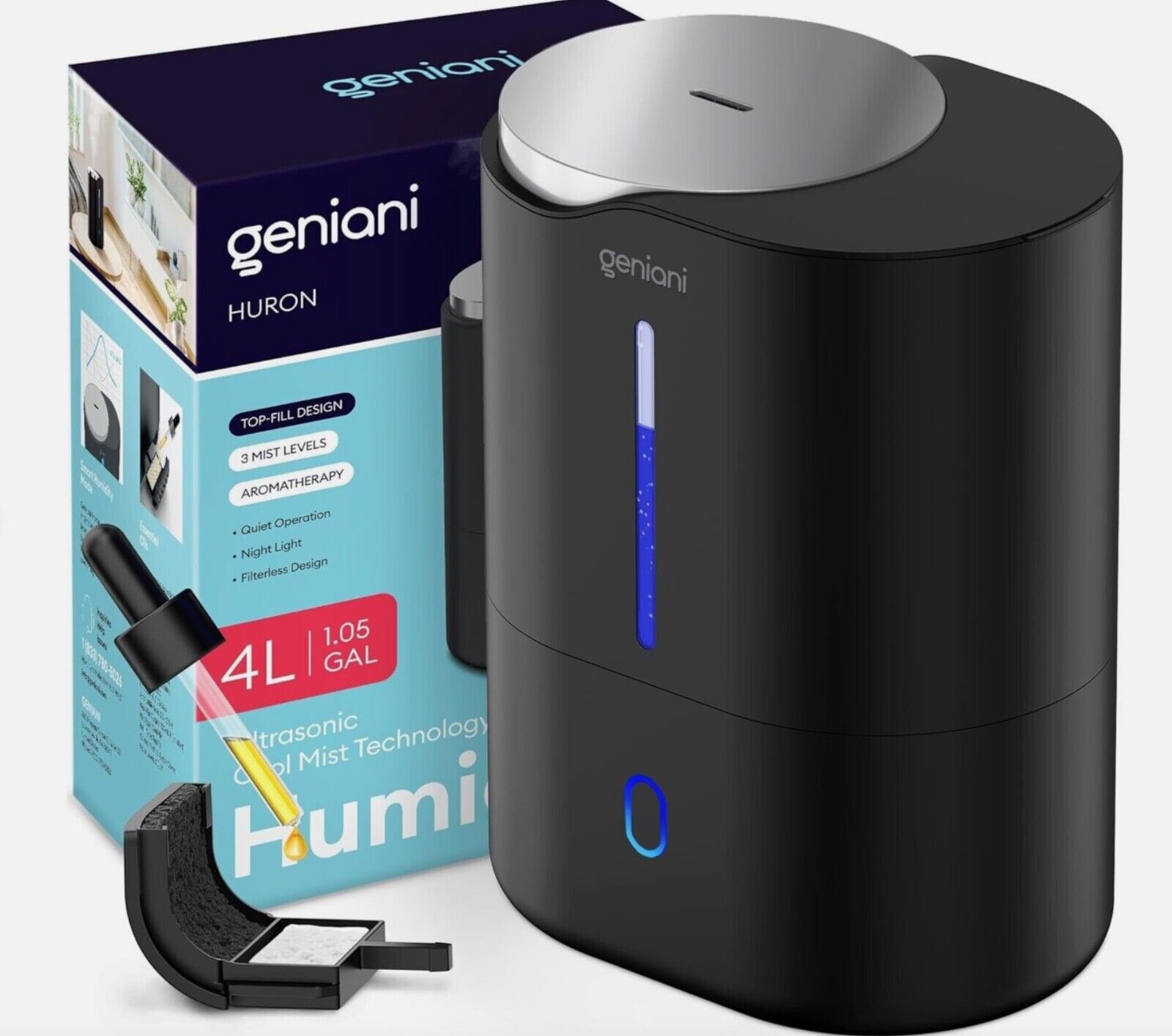 GENIANI Top Fill Humidifiers for Bedroom with Essential Oil Diffuser 4L (Black)